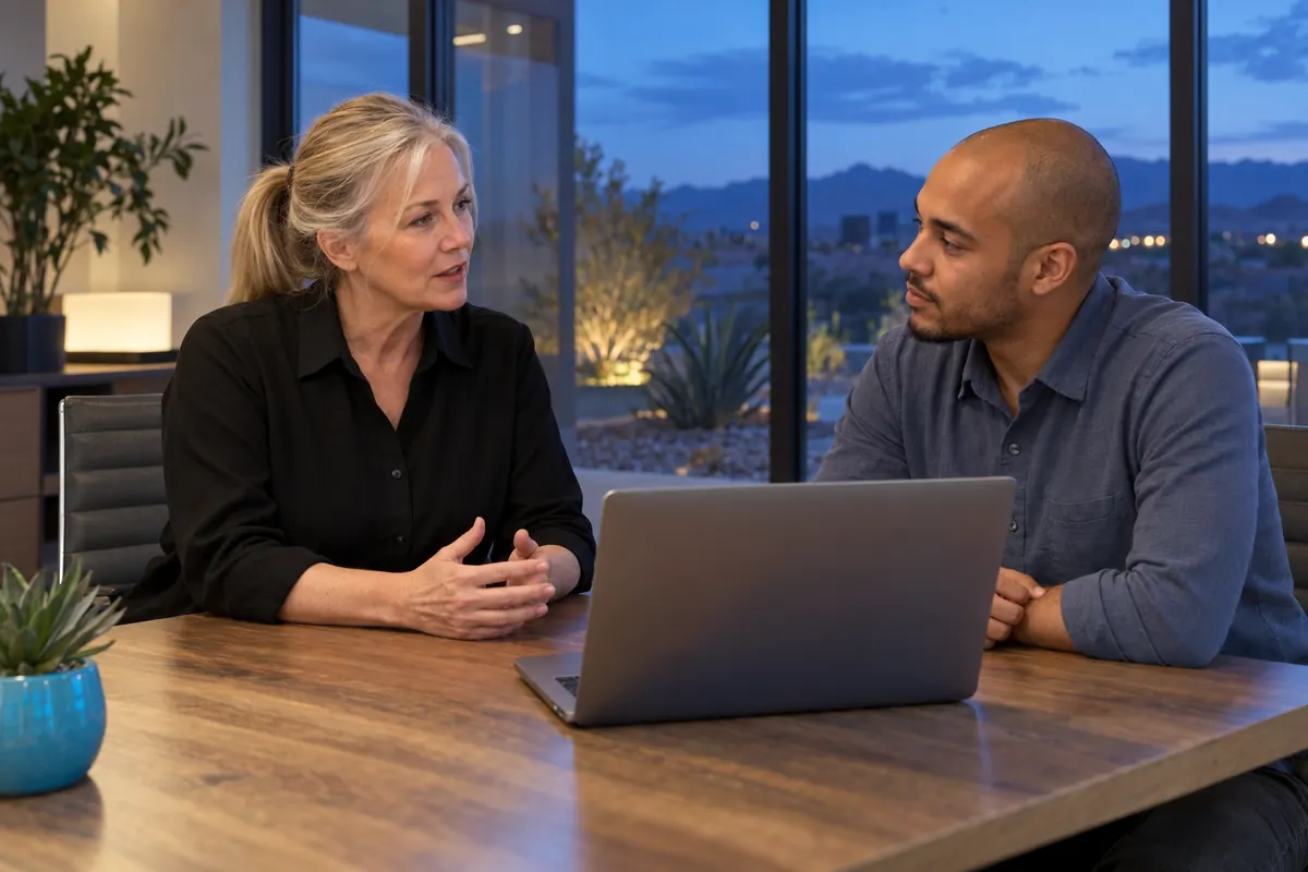 A specialist and a business owner talking at a laptop