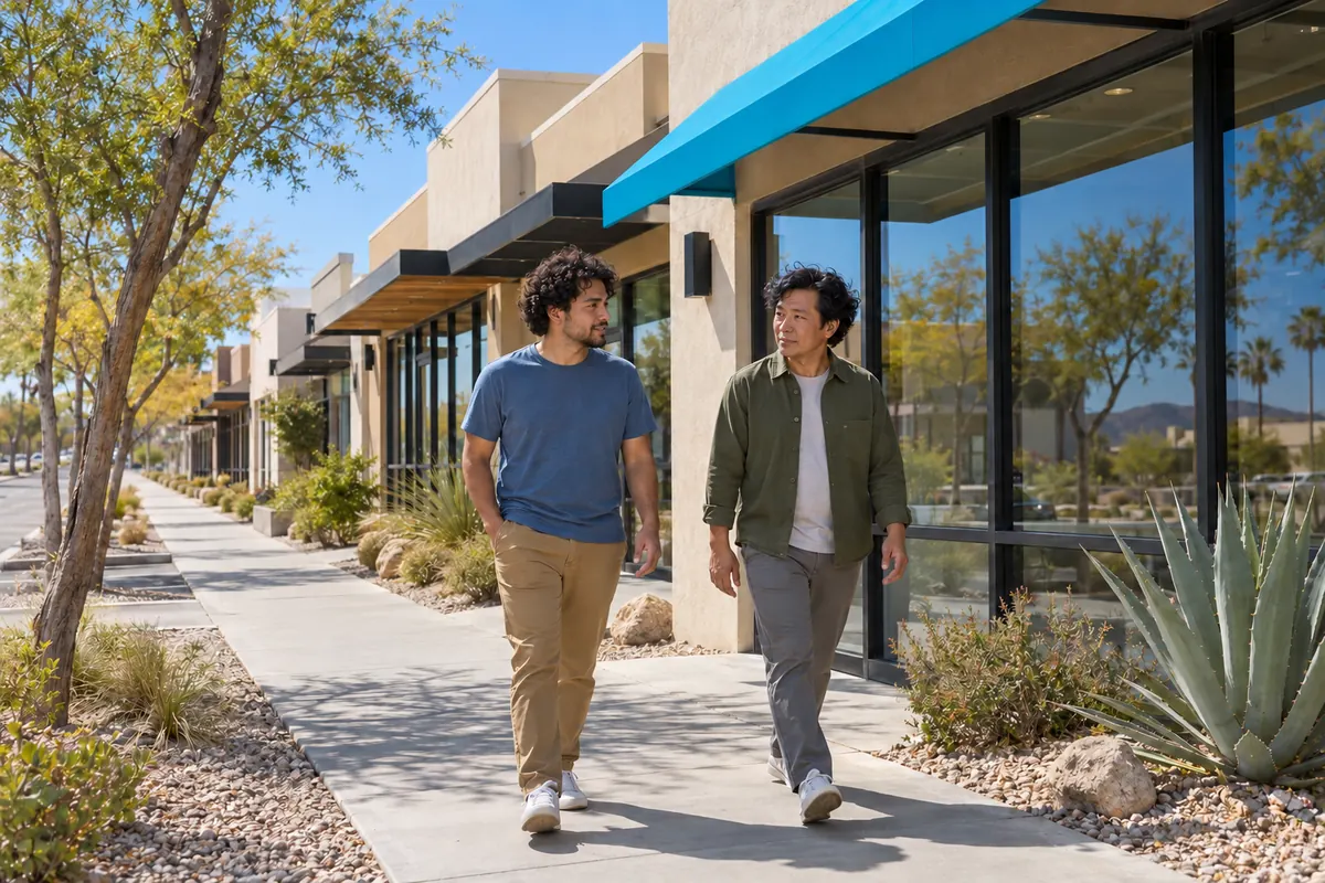 Two people walking past shops on a sunny Las Vegas sidewalk
