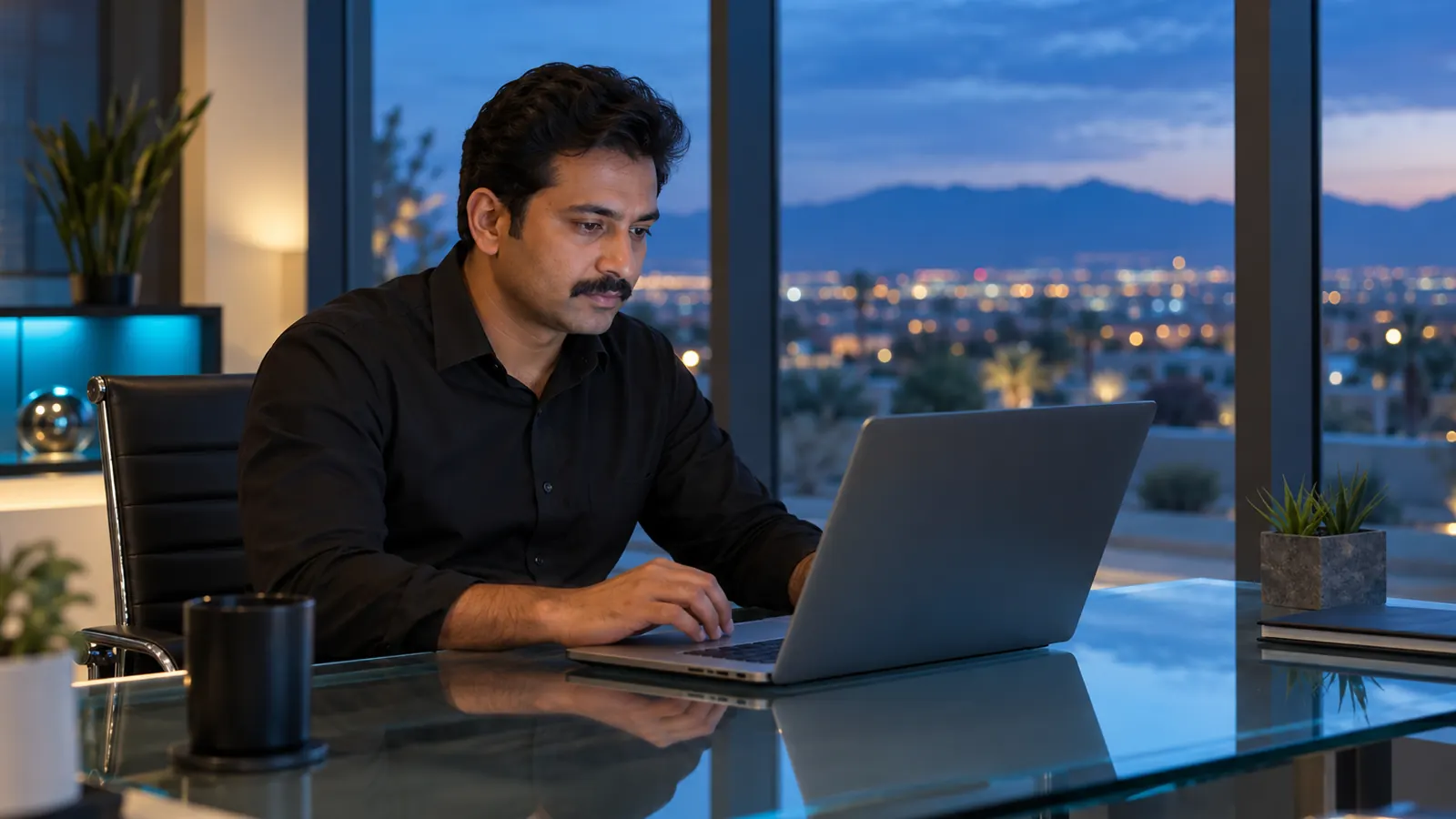 A man working on a laptop at a desk with a view of the city at dusk