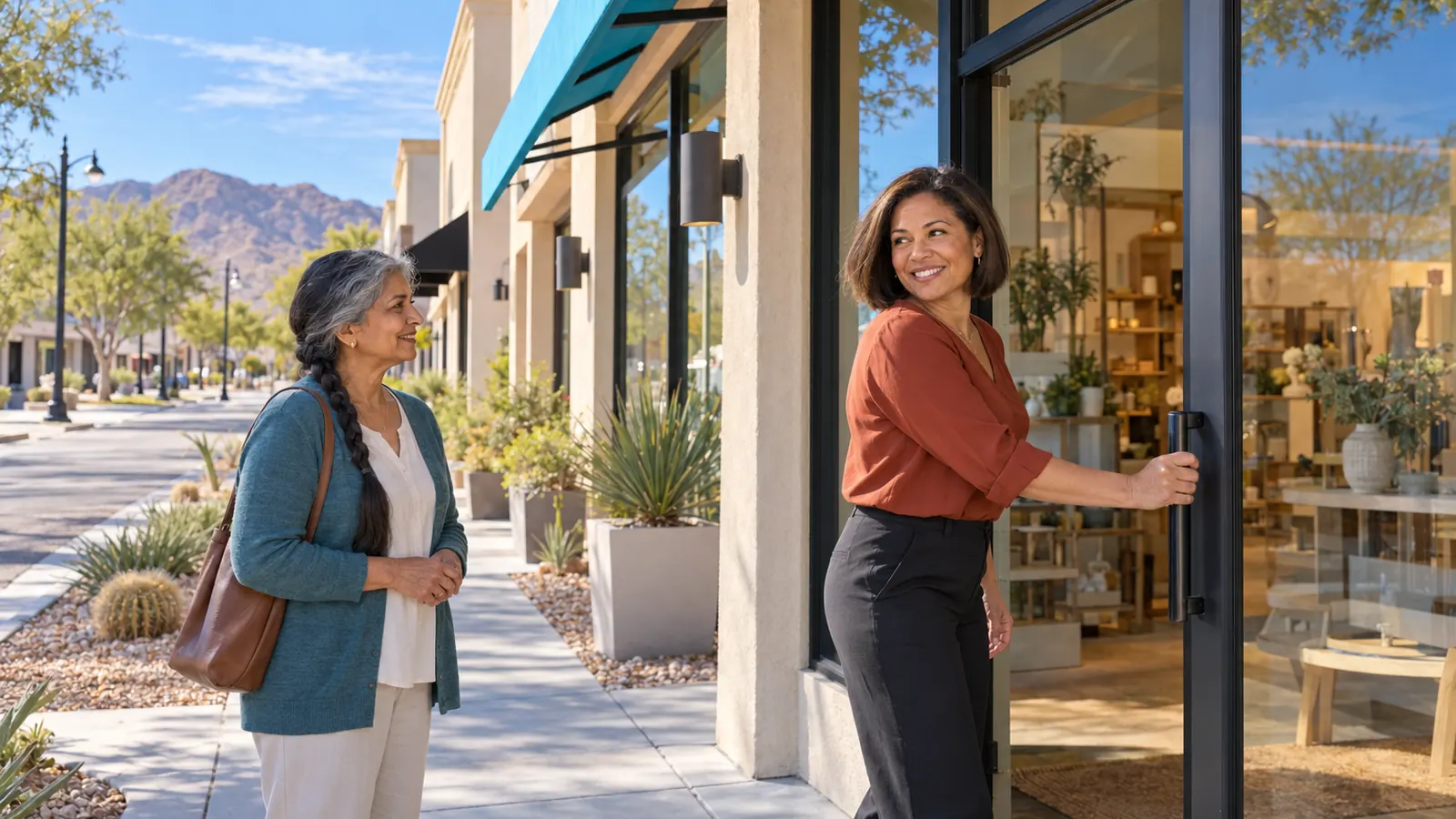 A shop owner at her door greeting a passer-by on a main street